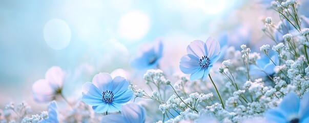 A few blue flowers blooming against a blurred background, soft petals with white and black centers, a gradient bokeh of pink and blue in the background