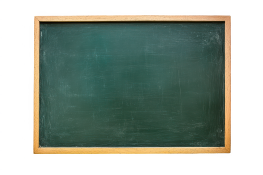 A green chalkboard with a wooden frame against a transparent background in a horizontal shot