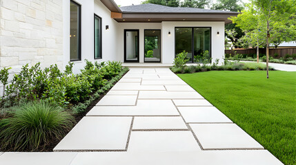 Modern home's backyard patio with white stone pathway, lush greenery, and manicured lawn