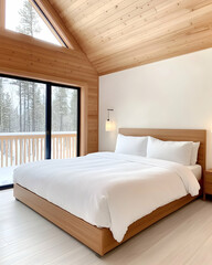 Modern minimalist bedroom with wood accents, large window, and snowy view