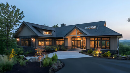 Naklejka premium Modern House Exterior At Dusk With Illuminated Windows Stone Facade Driveway And Landscaped Garden Under Blue Twilight Sky