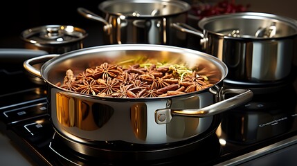 Aromatic Star Anise in Stainless Steel Pot on Modern Stovetop