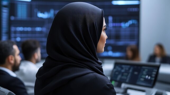 Focused professional in hijab observing data analytics presentat