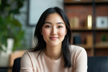 Head shot Asian woman sit indoors look at camera with positive, joyful expression. Profile picture of videoconference participant, smile, record video for vlog. Social media icon, influencer portrait