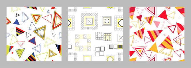 Seamless pattern of geometric shapes. Bright seamless pattern. Set of 3 patterns. Design for fabric, wallpaper, wrapping paper. Vector