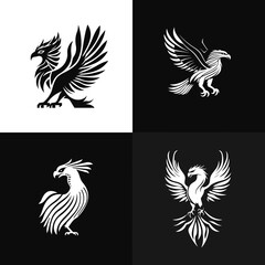 Obraz premium Stylized phoenix and eagle logo designs in black and white with elegant linework. Perfect for branding, tattoos, mythology themes, heraldry, and minimalist animal illustrations.