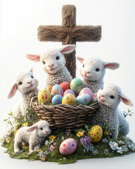 Cute lambs celebrating Easter by a wooden cross with colorful eggs
