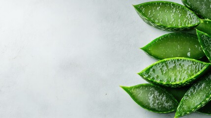 Cut aloe vera leaves stacked on a light neutral background, highlighting their freshness, with copy space.