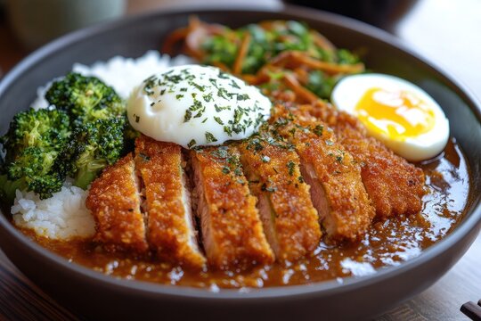 Japanese fried pork cutlets with curry rice, broccoli and poached eggs
