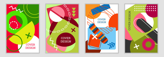 Bright background in Memphis style. Set of geometric cover designs. Fashionable bright cover, banner, poster, booklet. Bright colors. Vector
