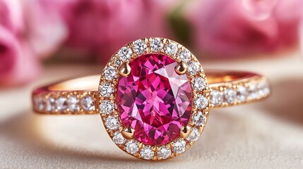 Beautiful pink gemstone ring with diamond accents and flower backdrop