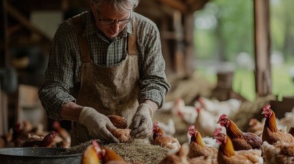 A farm worker feeding chickens in a barn, with chickens and hay visible in the background, in a rustic farm environment