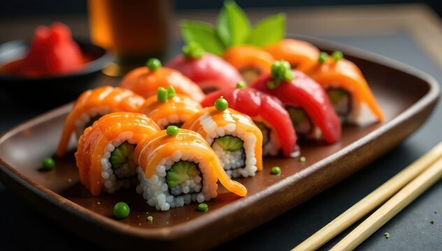 Colorful sushi platter, soy sauce, wasabi, ginger , elegant, healthy