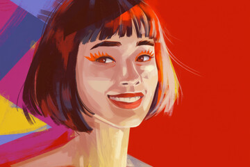 Vibrant, Cheerful Portrait of a Young Woman with Bob Cut against Bold Colorful Background