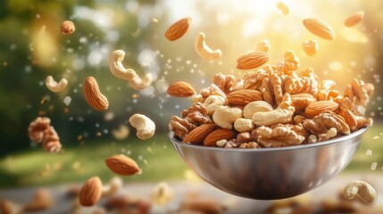 A bowl of mixed nuts tossed in the air, highlighting almonds, cashews, and walnuts.