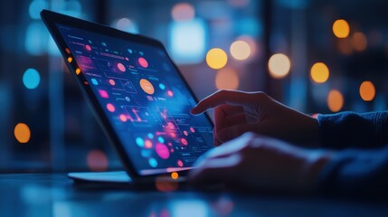 A social media strategist planning posts on a tablet, with a computer showing social media platforms and performance metrics in the background