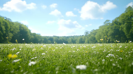Expansive Green Field Carpeted In Wildflowers Under A Bright Blue Sky with Lush Trees In Background