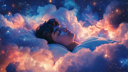 Obraz premium Enjoying a peaceful slumber among dreamy clouds and stars at night
