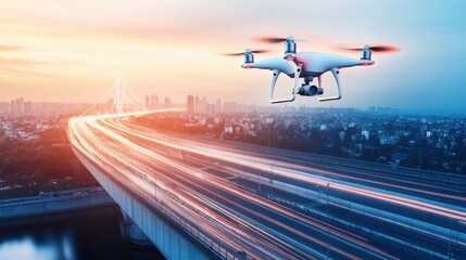An AI powered drone inspection system analyzing infrastructure for damage and wear, ensuring safety and quality control, Industrial technology style