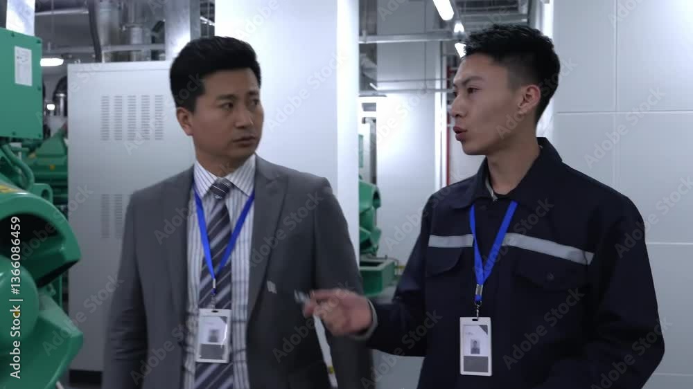 Poster data center specialist: cyber security people in server racks room, database or software update with