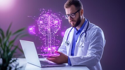 Male Doctor Using Laptop with Purple Digital Brain Hologram