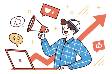 96  Social media influencer, cartoon style, young man, blue plaid shirt, megaphone, laptop screen, social media icons, upward trending arrow, colorful, vibrant, digital marketing, online presence, che
