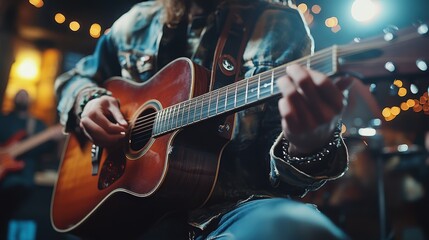 Obraz premium A musician playing an acoustic guitar on stage, with stage lights, instruments, and a live audience in the background