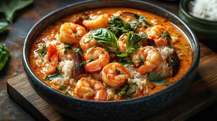 Fototapeta premium A vibrant Thai red curry loaded with shrimp, eggplant, and Thai basil is served alongside fragrant rice, tantalizing the taste buds.
