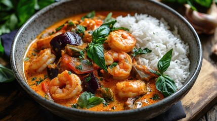 A vibrant Thai red curry loaded with shrimp, eggplant, and Thai basil tantalizes the taste buds, served alongside fragrant rice.