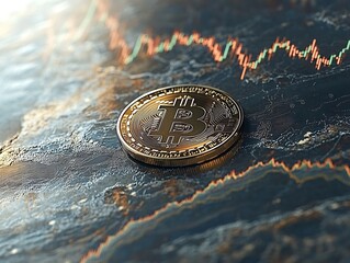 A golden coin displayed beside a fluctuating price graph