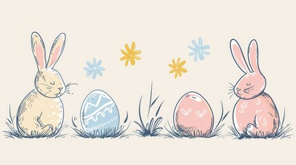 Easter Icons in Delicate Line Art Style with Soft Pastel Colors, Harmony of Rule of Thirds and Selective Color in Ambient Light Setting