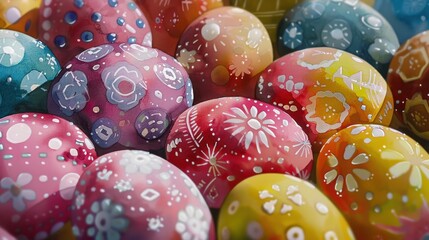 Symmetrical Easter Eggs in Vibrant Watercolors - High Angle Shot with Depth of Field and Soft Ambient Light