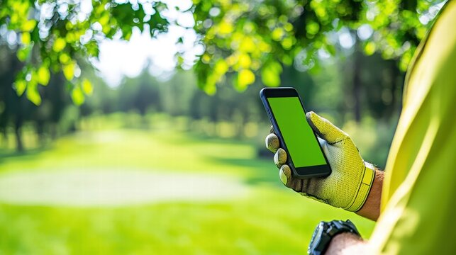 A person wearing a golf glove holding a smartphone with a green screen, with a lush golf course visible in the background, conveying leisure and technology in sports.