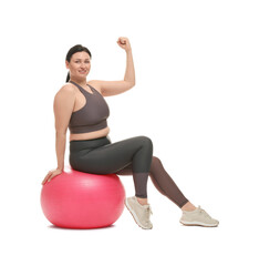 Fototapeta premium Plus size woman in gym clothes with fitness ball on white background