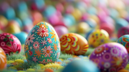 Joyful Easter Celebration in Vibrant 3D Rendering with Bird's Eye View and Dynamic Lighting Composition \