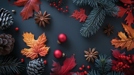 Festive Holiday Greetings in Warm Tones - High Angle Flat Design with Selective Color and Negative Space, Illuminated by Ambient Light