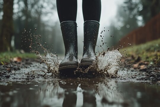 Black rain boots stepping into a muddy puddle, creating a dramatic splash
