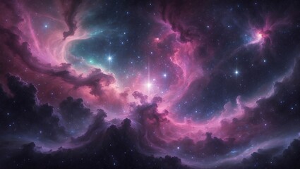 Obraz premium Cosmic vista, vibrant nebula, stars glitter amidst colorful interstellar clouds