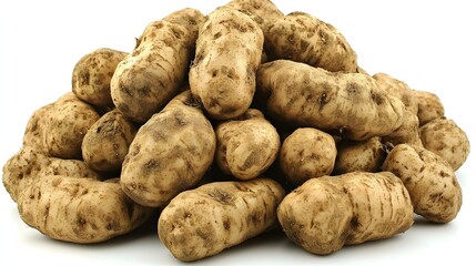 Pile of Freshly Harvested Brown Potatoes with Dirt on White Background