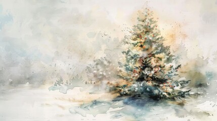 Serene Holiday Greetings in Watercolor - Medium Shot Embracing Golden Ratio with Soft Pastel Colors, Depth of Field, and Natural Light