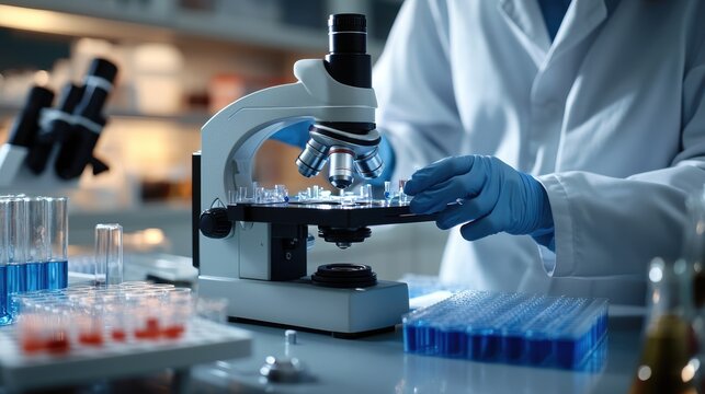 A biologist conducting research in a laboratory, analyzing samples under a microscope, with test tubes, petri dishes, and scientific equipment around them