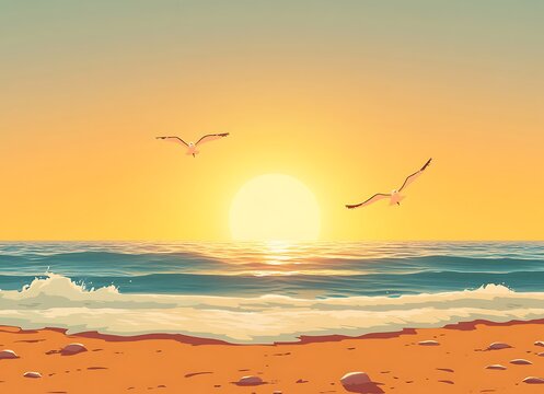 A beautiful sunrise over the ocean, with seagulls flying in the clear sky above golden sand
