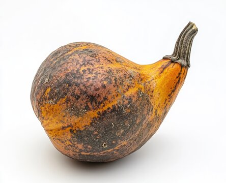 Unique, oddly-shaped, mottled pumpkin.  Mature gourd with a bumpy, variegated exterior