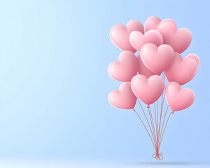 Pastel pink heart-shaped balloons on light blue background