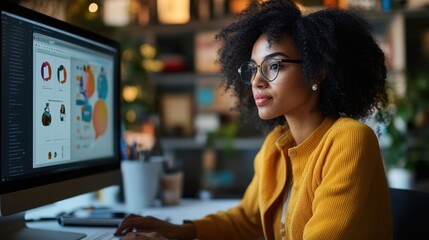 A social media manager curating content for a brand, analyzing performance metrics and scheduling posts on a computer