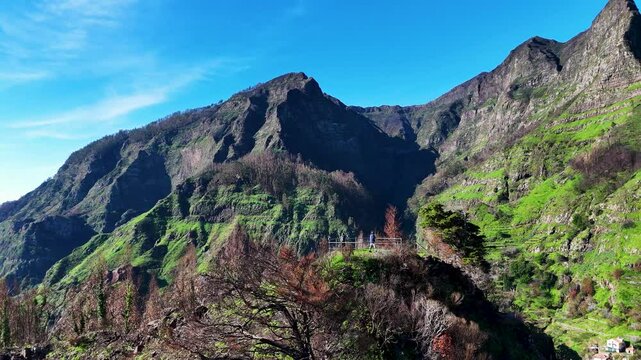 Rotating Drone View of Miradouro Pico da Murta with Mountain Landscape&nbsp;in&nbsp;Madeira Island