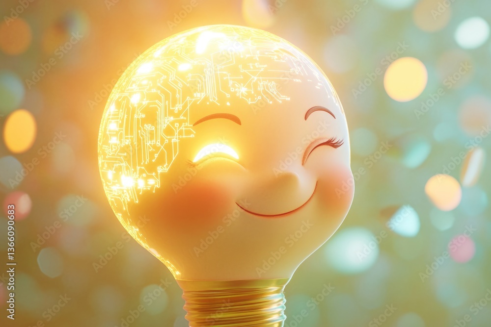 Aufkleber a smiling lightbulb with circuit board patterns inside, symbolizing happy innovation and bright idea