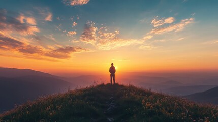 A solitary person standing on a mountain at sunrise watches the view