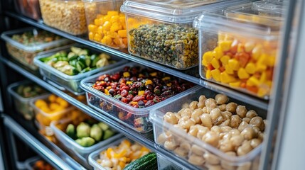 Neatly filling refrigerator shelves, labeled food storage containers promote easy access and organization.