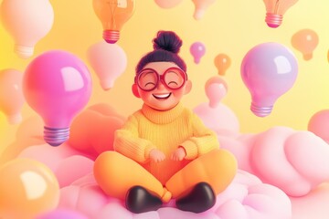 A happy cartoon girl surrounded by lightbulbs, symbolizing bright ideas and creativity.